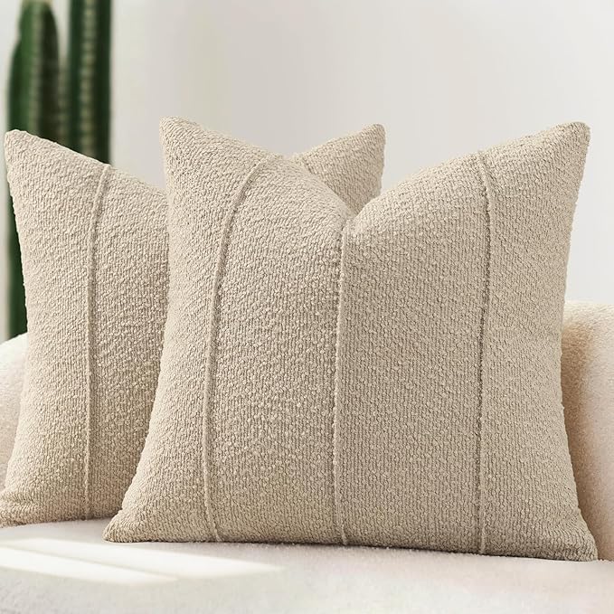 YCOLL Textured Boucle Throw Pillow Covers 24x24 Pack of 2 - Soft Neutral Striped Cushion Covers, Cozy Accent Decorative Pillow Covers for Couch, Sofa, Bed, Living Room (Oatmeal)