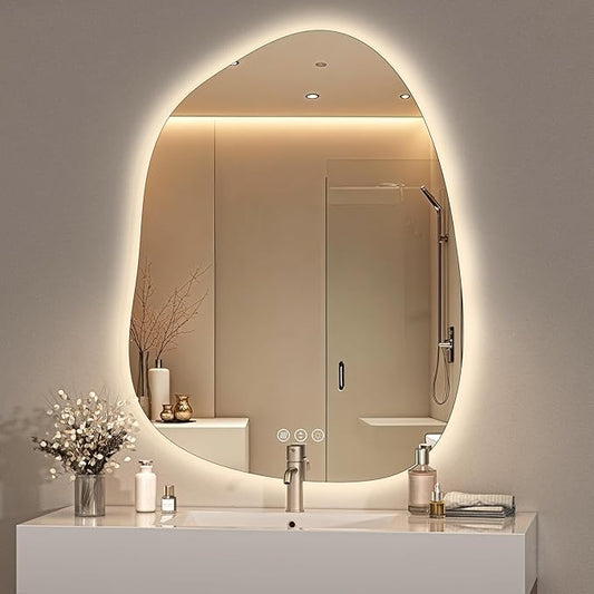 Hasipu Irregular Wall Mirror with Lights- 31"x24" Large Vanity Mirror with Anti-Fog, 3 Color Modes,Dimmable Light, Memory Function, Backlit Wall Mount, Horizontal/Vertical