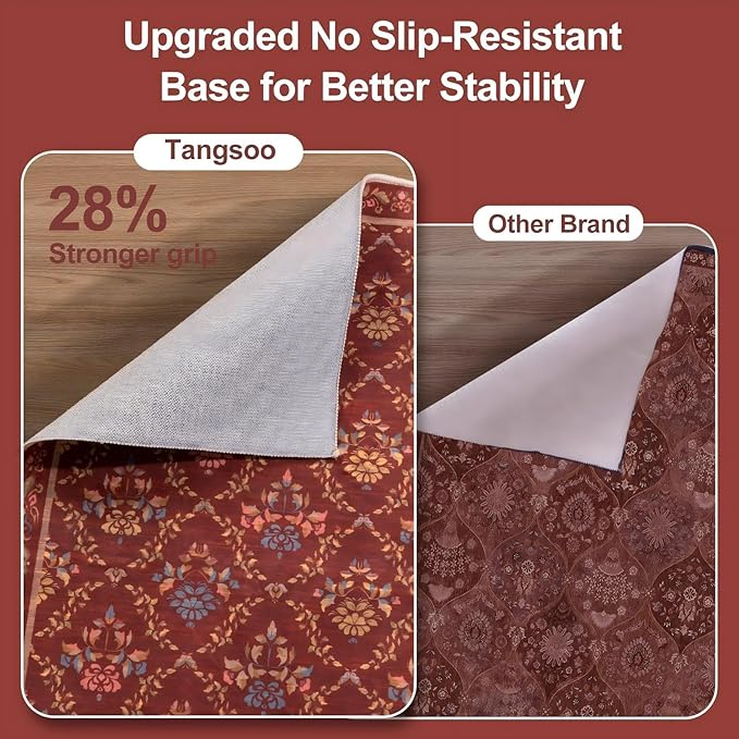 Tangsoo 5x7 Washable Area Rug, Non Slip Red Floral Indoor Rug, Soft Low Pile Floor Carpet for Living Room, Bedroom, Dining Room, Pet & Child Friendly Room Decor, Easy to Clean