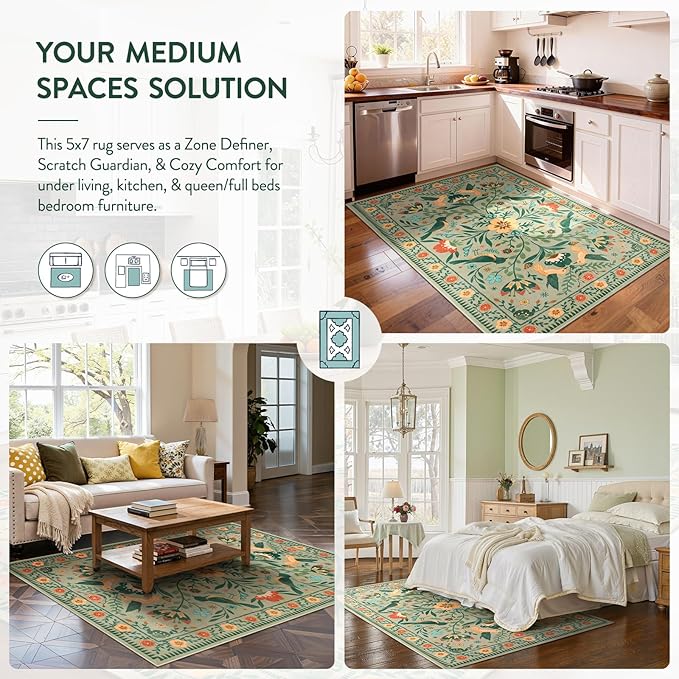 Moynesa Living Room Rug 5x7, Washable Modern Farmhouse Green Area Rugs for Bedroom Dining Room, Country Floral Bird Print Pattern Carpet, Aesthetic Home Decorations Open Floor Areas Protection