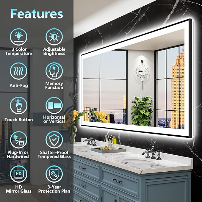 72x32 Black Framed LED Bathroom Mirror with Lights, Backlit and Front Lit, Anti-Fog Lighted Vanity Mirrors for Bathroom Wall, Dimmable, 3-Color Light, Memory, Shatter-Proof, HD Tempered Glass