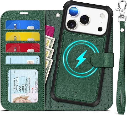 TUCCH 2-in-1 Removable Wallet Case for iPhone 17 Pro (6.3-inch) 2025, Wireless Charging | RFID Blocking 4 Card Holder | Wrist Strap | Kickstand | Magnetic | PU Leather | Protective Cover | Dark Green