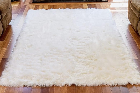 Walk On Me White Faux Fur Area Rug, 6x9 ft. Rectangular, High Pile, Machine Washable, Non-Slip Backing