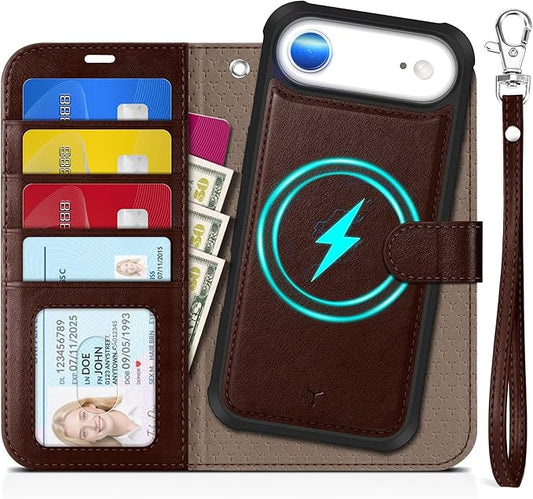 TUCCH 2-in-1 Detachable Wallet Case for iPhone Air (6.5-inch) 2025, Wireless Charging | RFID Blocking 4 Card Holders | Wrist Strap | Kickstand | Magnetic | PU Leather Folio Cover | Chocolate Brown