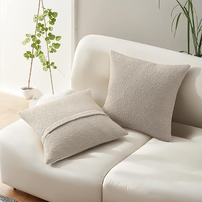 HAUSSY Set of 2 22x22 Decorative Throw Pillow Covers, Soft Cozy Textured Boucle Couch Cases, Home Decor for Couch Bed Living Room, Beige