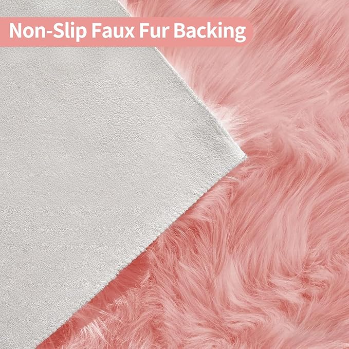 Pink Faux Fur Sheepskin Area Rug for Living Room Bedroom, 4 x 6 Feet Ultra Soft Shaggy Fuzzy Furry Carpet Chair Throw Large Rugs for Kids, Girls, Nursery Room Decor Dorms