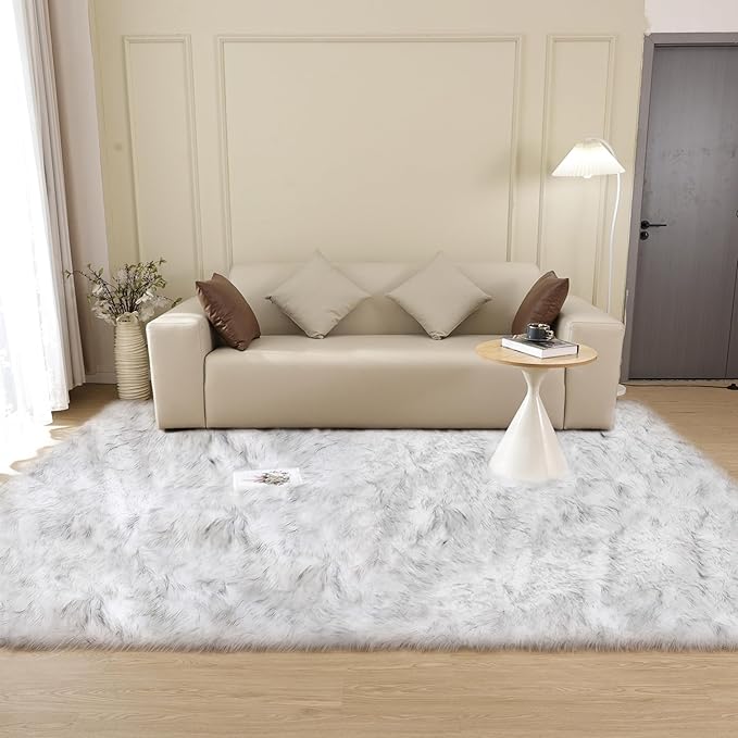 White and Grey Faux Shaggy Fur Rug for Living Room Plush Washable Sheepskin Fur Area Rugs 3x5 Nursery Rug