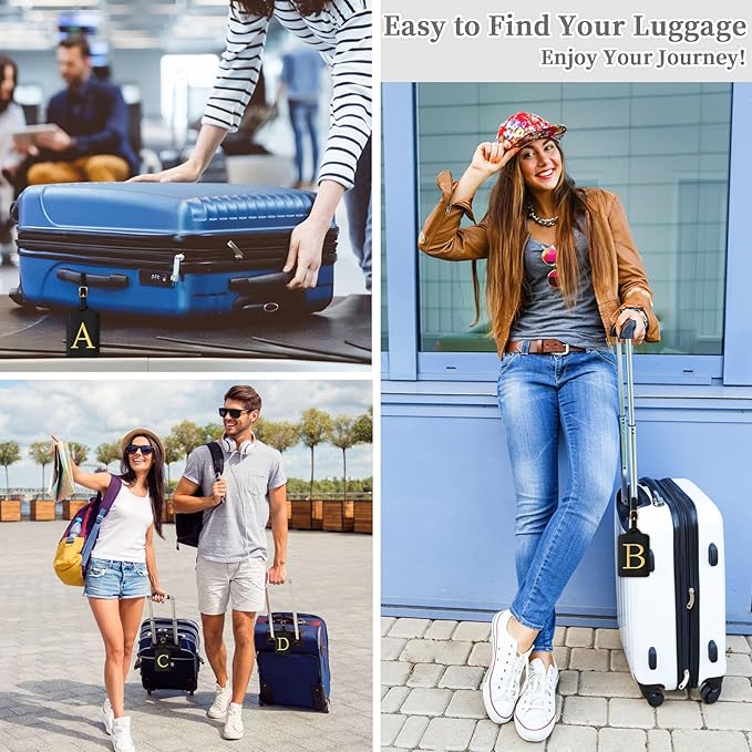 Personalized Initial Luggage Tags for Suitcase TSA Approved, Black Leather Cute Luggage Tag with Privacy Cover Name Card, Embroidered Custom Luggage Tags Travel Backpack Tags Gifts for Women Kids(E)