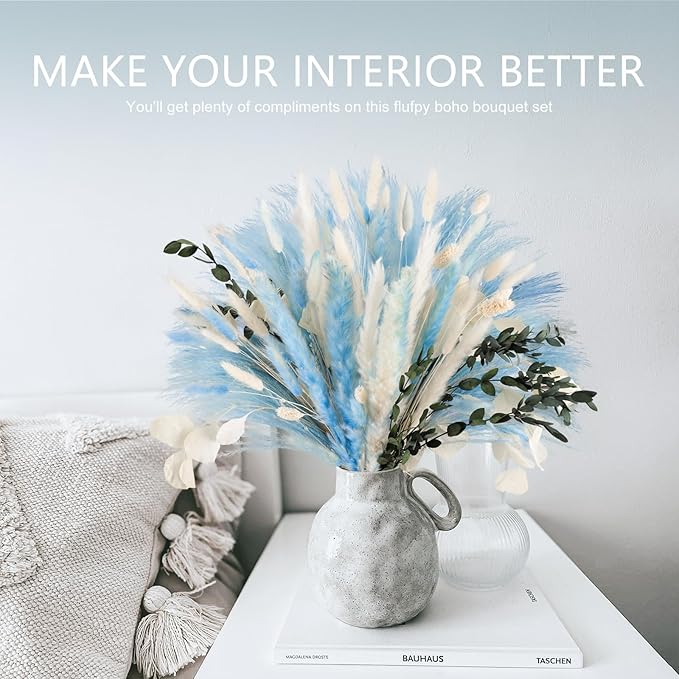 N&T NETING 101Pcs Blue Pampas Grass Decor Natural Dried Floral Pampas Grass Light Blue Boho Pampas Home Decor Fluffy Dried Pampas Flowers for Home Wedding Boho Beach Theme Table Decor