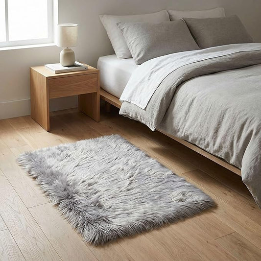 2 x 3 ft Fluffy Gray Rug – Soft Faux Fur Rug for Bedroom, Living Room, or Entryway – Cozy Faux Sheepskin Accent for Home Decor