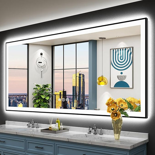 84x40 Black Framed LED Bathroom Mirror with Lights, Backlit and Front Lit, Anti-Fog Lighted Vanity Mirrors for Bathroom Wall, Dimmable, 3-Color Light, Memory, Shatter-Proof, HD Tempered Glass