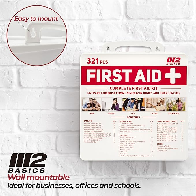 M2 BASICS Premium 321-Piece Emergency First Aid Kit for Home, Car, Business, Office & Travel – Portable Durable Hard Case, Medical Supplies for School, Camping & Outdoors
