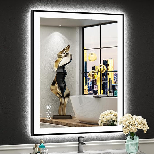 28x36 Inch Black Framed LED Bathroom Mirror with Lights, Backlit & Front Lit, Anti-Fog Lighted Vanity Mirrors for Bathroom Wall, Dimmable, 3-Color Light, Memory, Shatter-Proof, Tempered Glass
