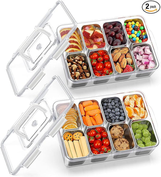 2 Pack Snackle Box Container with 8 Removable Stainless Steel Containers – Clear Divided Serving Snack Tray with Lid & Handle – Leak-Proof for Wet/Dry Food – Perfect for Parties, Travel, Office