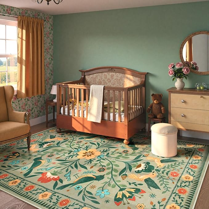 Moynesa Green Washable 8x10 Area Rugs for Living Room Bedroom Dining Room, Modern Farmhouse Country Floral Bird Print Pattern Medallion Carpet, Aesthetic Home Decorations Open Floor Areas Protection