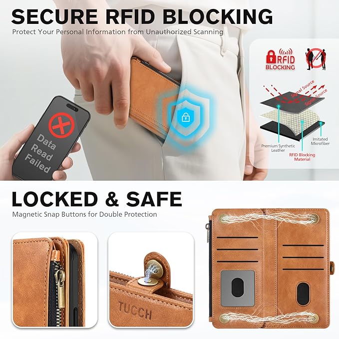 TUCCH Removable Crossbody Case Wallet for iPhone 17 Pro (6.3") 2025, Wireless Charging, RFID Blocking 9 Card Slots, Lanyard, Wrist Strap, Zipper Pocket, PU Leather, Stand Magnetic Cover, Light Brown