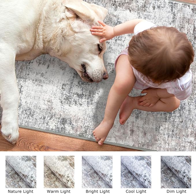Modern Abstract Runner - 2x5, Beige Grey Washable Kitchen Entryway Rug Mat Non-Slip Soft Neutral Hallway Rug Thin Print Faux Wool Carpet for Bedroom Laundry Room Indoor