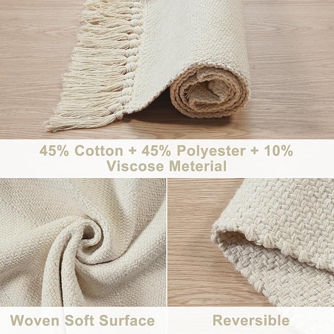 Collive Long Hallway Runner Rug 2.6' x 7', Washable Runners Indoor Entryway Rug, White/Beige Braided Woven Kitchen Carpet Low Profile Front Door Mats for Laundry Room Bedroom Doorway