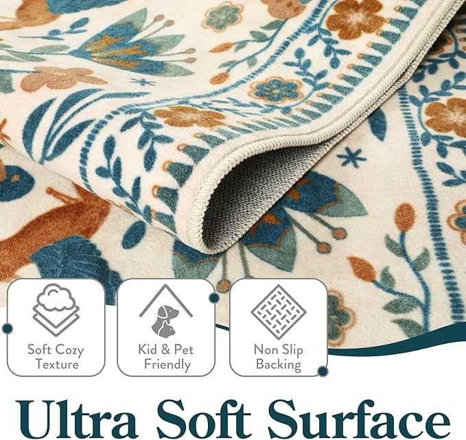 Moynesa 3x5 Entryway Rug Indoor, Modern Bohemian Washable Non-Slip Low Pile Area Rug for Kitchen Bedroom Entry,Lightweight Foldable Farmhouse Floral Bird Print Pattern Carpet Retro Home Decor