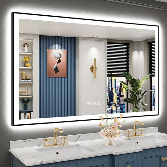 60x38 Black Framed LED Bathroom Mirror with Lights, Backlit & Front Lit, Anti-Fog Lighted Vanity Mirrors for Bathroom Wall, Dimmable, 3 Colors, Memory, Shatter-Proof, Tempered Glass, CRI＞90