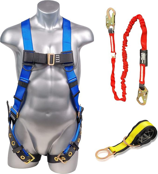 Palmer Safety ATERET Bundle 1D Full Body Safety Harness 6' Safety Lanyard 4' Anchor Strap I OSHA Compliant Arrest Kit I Ideal for Construction & Scaffolding Use