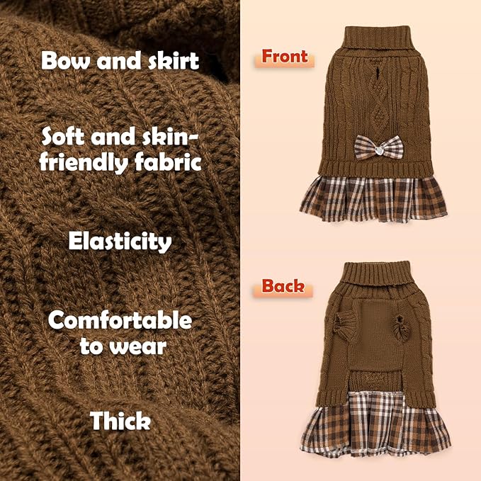YUDODO Small Dog Sweater Dress with Bowtie Turtleneck - Knitted Pet Girl Dog Winter Clothes - Pet Warm Sweater for Puppy Yorkies, Chihuahua (L Brown)