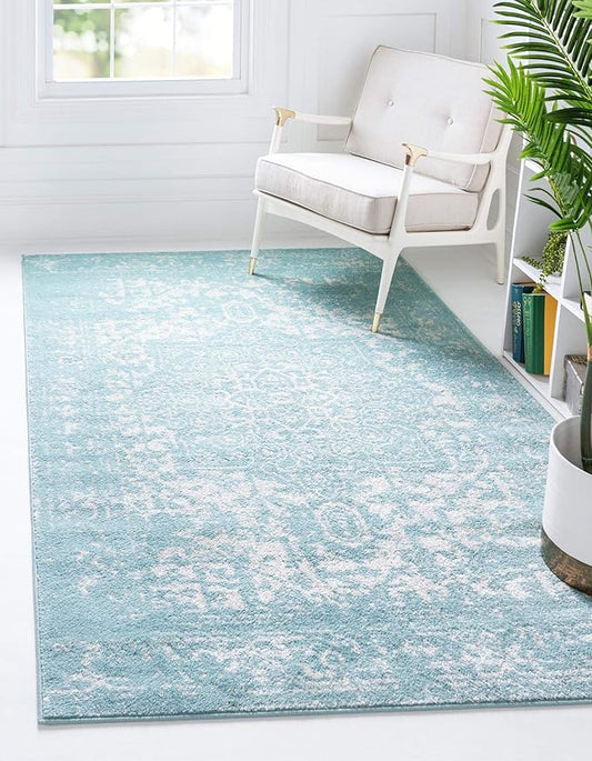 Rugs.com Arlington Collection Rug – 4' x 6' Aqua Medium-Pile Rug Perfect for Living Rooms, Large Dining Rooms, Open Floorplans