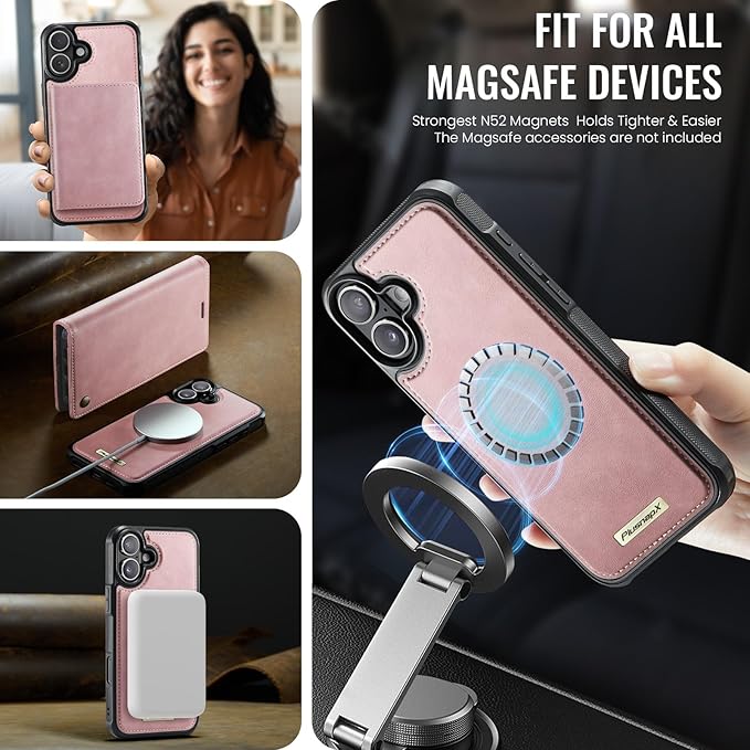 PlusnapX Wallet Case for iPhone 17 Compatible with Magsafe, 2-in-1 PU Leather Flip RFID Blocking Card Holder Stand Shockproof Magnetic Detachable Cover for iPhone 17 Case 6.3", Pink
