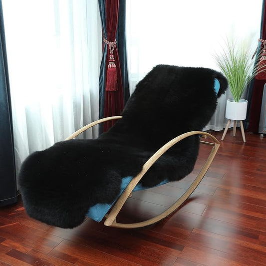Fluffy Patchwork Sheepskin Rug with Little Patches-Fuzzy Shaggy Fur Genuine Wool Area Carpet for Bedroom Living Room Floor, Pray Pup Mat, Chair Sofa Seat Cover Black 2' x 6'