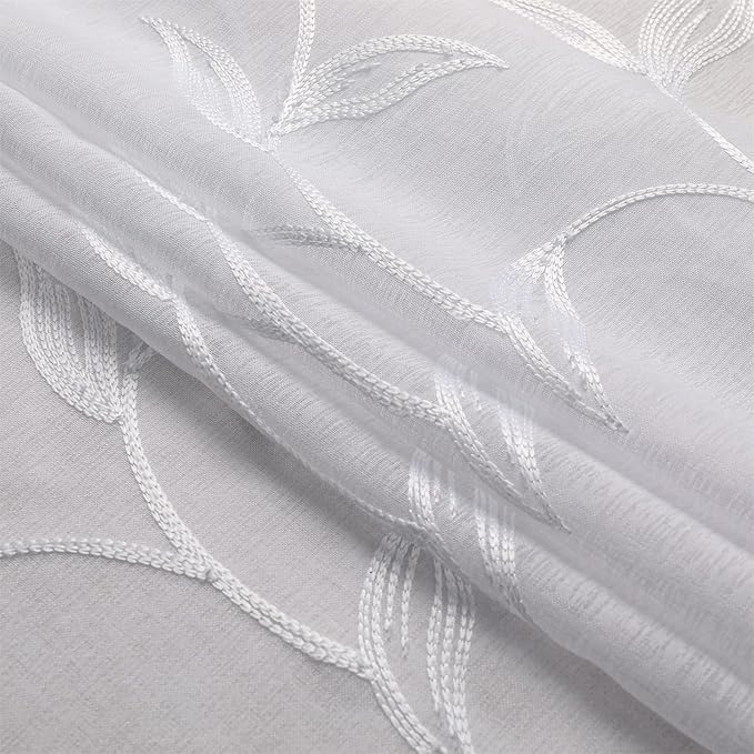 VISIONTEX White Sheer Curtains 95 Inches Long 2 Panels Set Embroidered Floral Leaf Pattern Rod Pocket Semi Sheer Voile Window Curtains/Drapes for Bedroom Living Room 54 x 95 Inches