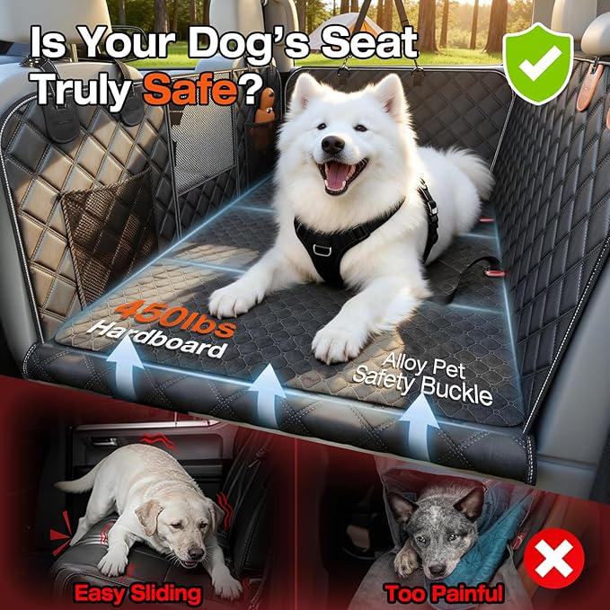 Doglike Dog Car Seat Cover for Back Seat [with Detachable Mat], Hard Bottom Dog Hammock for Car, Pet Bed Extender for 2-4 Large Dogs, Waterproof Seat Protector, XL Size Fits for Crew Cab Truck/SUV, BK