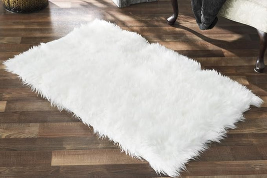 Silky Soft Faux Fur Shaggy Rug, 2 ft. x 3 ft. White Fluffy Sheepskin Area Rug, Rectangle Rug for Living Room, Bedroom, Kid's Room, or Nursery, Home Décor Accent, Machine Washable with Non-Slip Backing