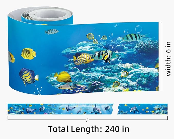 FLFK Peel and Stick Wallpaper Border Wall Decals for Kids Room - Under The Sea Fish Stickers Murals, 6" x 240" (Blue)