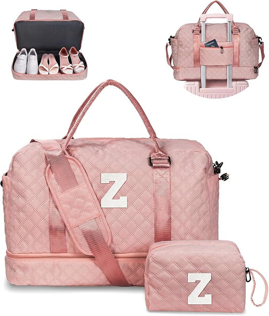 Vogewood Initial Duffle Travel Bag, Personalized Weekender With Shoulder Strap, Monogram Overnight for Women Wet Pocket, Letter Travel With Makeup Bag Gifts for Family (Letter Z)