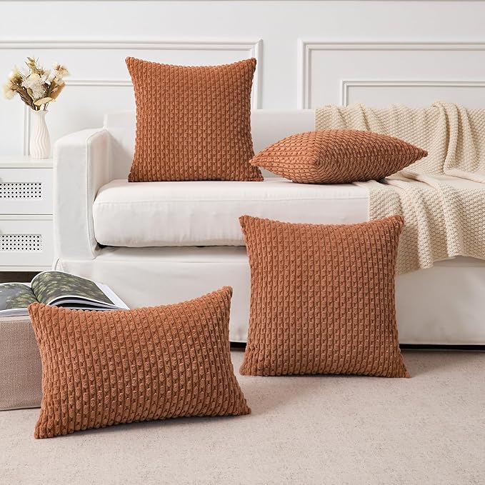 Kevin Textile Decorative Pillow Covers Set of 2 Striped Plush Corduroy Pillows Pillowcases Boho Home Decor Cushion Covers for Couch Sofa Bed Living Room 16x16 Inch, Burnt Orange