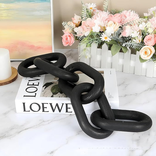 Wooden Decorative Chain Link Ornament Black Hanging Home Decor Rustic Farmhouse Decor for Coffee Table Black Table Decor and Wood Home Decor Chain Decorative Tray