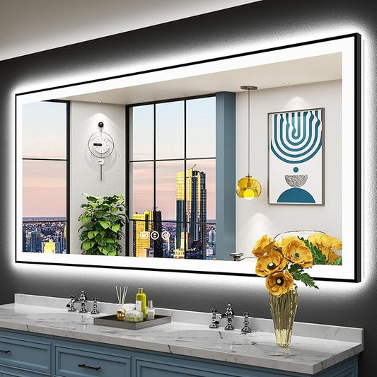 77x36 Black Framed LED Bathroom Mirror with Lights, Backlit and Front Lit, Anti-Fog Lighted Vanity Mirrors for Bathroom Wall, Dimmable, 3-Color Light, Memory, Shatter-Proof, HD Tempered Glass