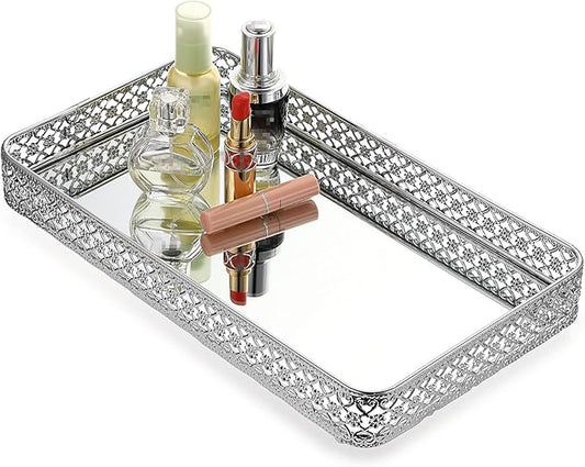 ELLDOO Perfume & Makeup Mirror Tray - Silver Metal Organizer for Dresser & Bathroom Countertop, Hollow-Carved Design Jewelry Storage Large Size 13.8" x 7.9"