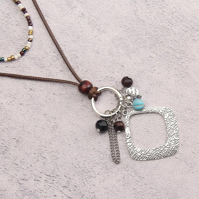 Leather Necklace for Women Boho Choker Necklace Long Cord Leather Pendant Bohemian Neckalce Vintage Alloy Pendant Leather Rope Necklace Wooden Necklaces for Women