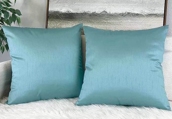 Aiking Home 20x20 Inches Faux Silk Square Throw Pillow Cover, Zipper Closure, Aqua (Set of 2)
