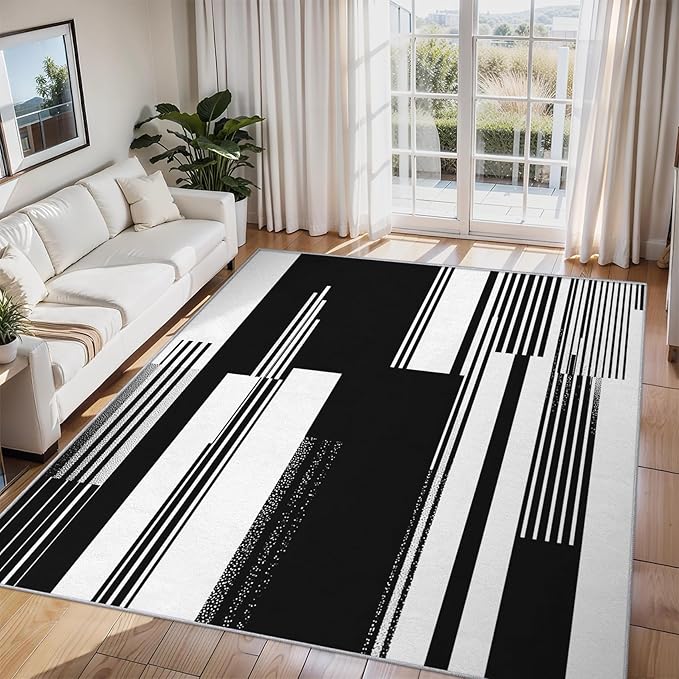 Black and White Stripe Rugs for Home Decor, 4x5 ft, Modern Stripes Area Rugs for Living Room, Soft Non Slip Washable Abstract Striped Carpet Bedroom Decorations Dt-Ghf-31