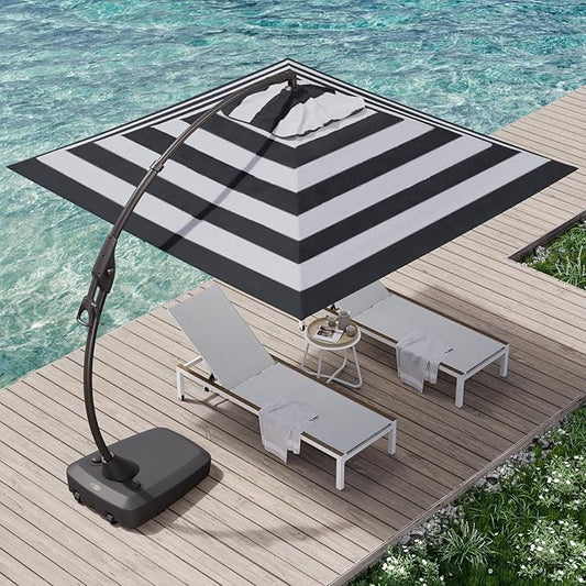 Grand patio 10x10 FT Patio Cantilever Umbrella with Base Outdoor Large Square Tilting Offset Umbrellas for Pool Deck (Black & White, 10x10 FT)