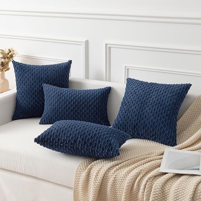 Kevin Textile Pillow Covers Decorative Set of 2 Striped Corduroy Plush Velvet Pillowcases Cushion Cover for Couch 16x16 Inch Navy Blue