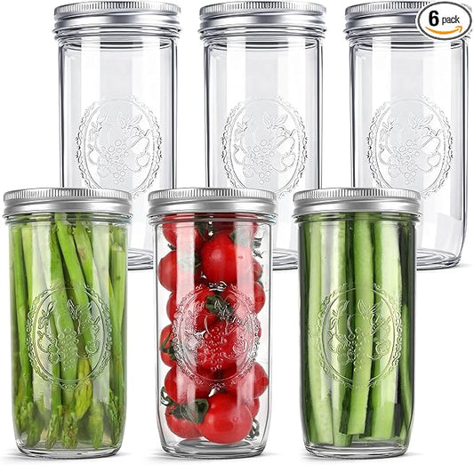 Mason Jars 24 oz Wide Mouth with Measurement Marks–12Pack Glass Canning Jars with Airtight Leakproof Lids & Bands, BPA-Free for Meal Prep, Fermentation, Pickling & Storage (clear 6pack 24oz)