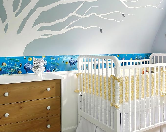 FLFK Peel and Stick Wallpaper Border Wall Decals for Kids Room - Under The Sea Fish Stickers Murals, 8" x 240" (Blue)