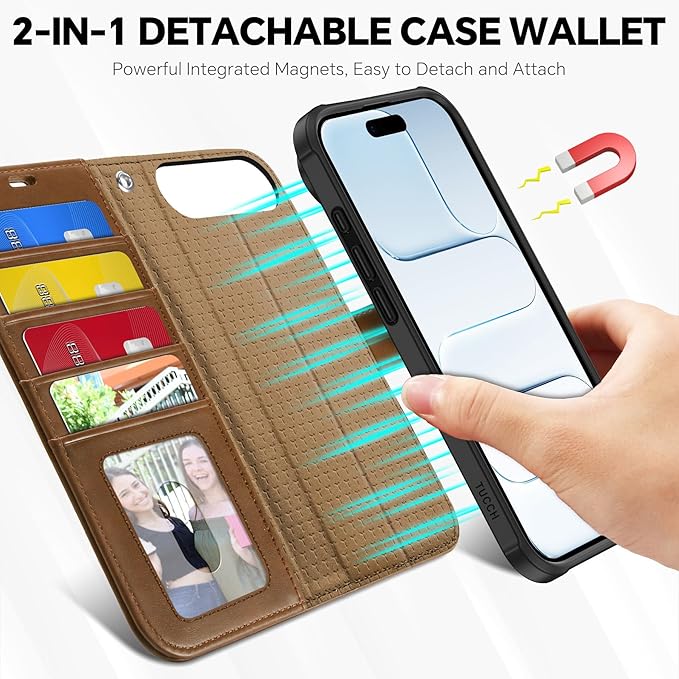 TUCCH Detachable Case Wallet for iPhone Air (6.5") 2025, Wrist Strap, 4 Card Holders RFID Blocking, Wireless Charging, Stand, 2-in-1 Magnetic, PU Leather, Shockproof Folio Cover, Brown