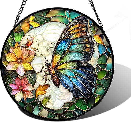 DASTOLL Stained Glass Window Hanging, Butterfly Flower Sun Catchers Diamond Glass Panel Hangings Insect Suncatcher Decor for Birthday for Women, Men, Wife, Aunt, and Mom 6.3 in