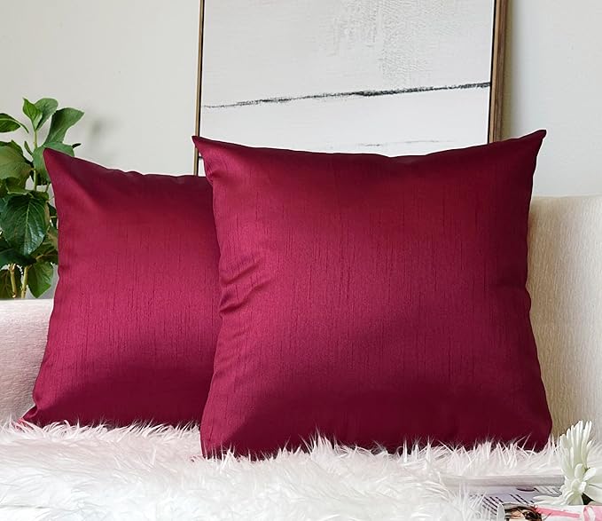 Aiking Home 20x20 Inches Faux Silk Square Throw Pillow Cover, Zipper Closure, Burgundy (Set of 2)