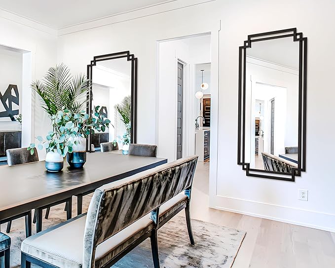 32" x 47" Large Wall Mirror for Living Room Decor, Black Decorative Mirror with Irregular and Rectangular Metal Frame, Horizontal/Vertical Hanging Mirror for Bathroom, Entrance