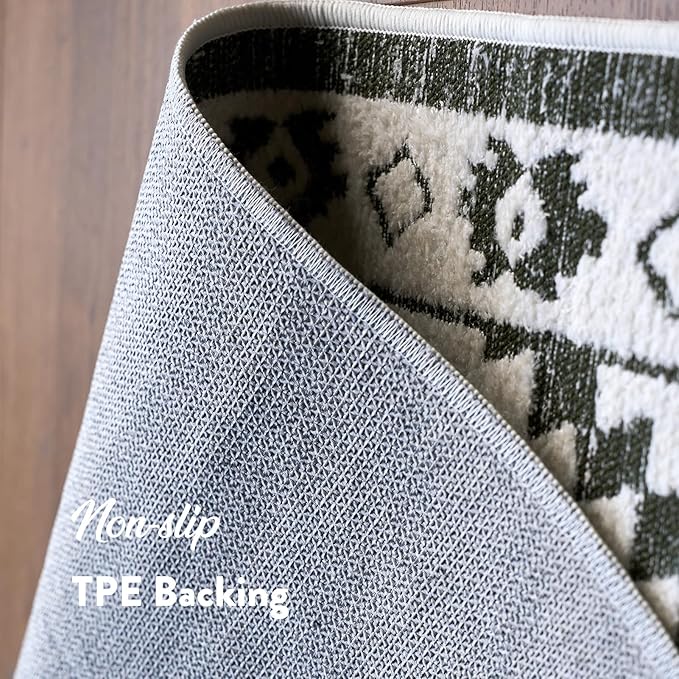 Moroccan Washable Entryway Rug 2x3, Geometric Woven Area Rug, Non-Slip Boho Accent Soft Low-Pile Front Door Mat Indoor Entrance, Small Throw Rug for Bathroom Front Porch, Olive Green/White